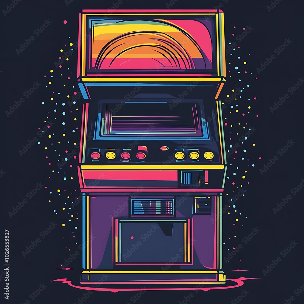 Poster Retro Arcade Game Machine with Colorful Neon Lights.