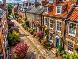 Fototapeta premium Brick townhouses in York boast traditional facades, reflecting the city’s rich history. Candid photography captures their unique charm and period