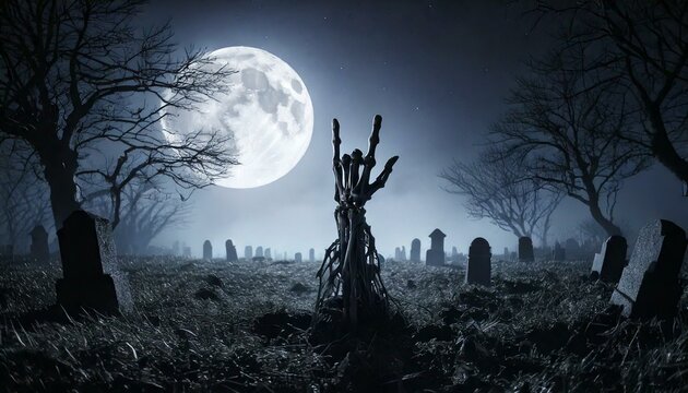 Paisagem de Halloween com cemit&eacute;rio e bra&ccedil;o de esqueleto saindo do t&uacute;mulo, fazendo heavy metal