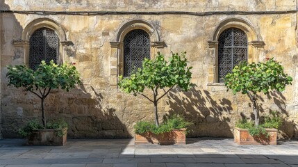 Naklejka premium Three small trees in terracotta pots are planted symmetrically in front of three arched windows in a stone wall.