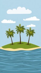 A small tropical island with three palm trees, a sandy beach, and blue sky with clouds.