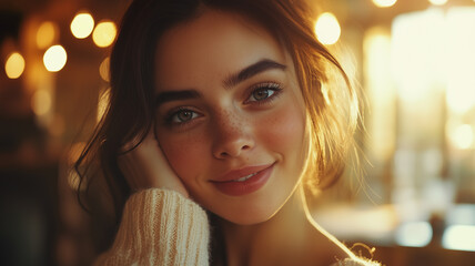Obraz premium A close-up of a happy woman standing with her hand behind her neck, light makeup, soft expression, warm indoor lighting, cozy and friendly atmosphere, photorealistic, shot with a shallow depth of fiel