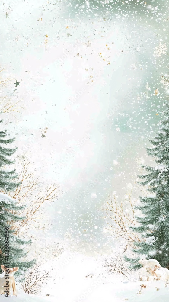 Poster a snowy path through a winter forest with two pine trees on either side.