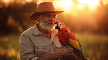 Pet as a best friend and member of family concept. Grandpa old senior man sitting outside in the park talking communication with parrot bird