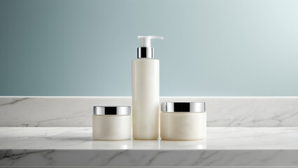 The image shows soft packaging for sensitive skin products on a clean bathroom counter. The calming aesthetic conveys comfort, making it ideal for promoting hypoallergenic skincare solutions.