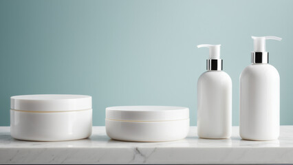 The image shows soft packaging for sensitive skin products on a clean bathroom counter. The calming aesthetic conveys comfort, making it ideal for promoting hypoallergenic skincare solutions.