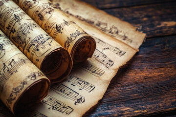 Old music paper rolls scattered on a wooden table with antique instruments in the background.