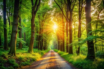 Obraz premium Serene Pathway in the Woods Surrounded by Lush Greenery and Sunlight Filtering Through the Trees for Nature Lovers