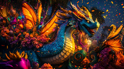 Obraz premium A detailed close-up of a Festival of Fantasy parade float, adorned with mythical creatures, shimmering lights, and decorative props, confetti floating through the air, vibrant and surreal atmosphere.