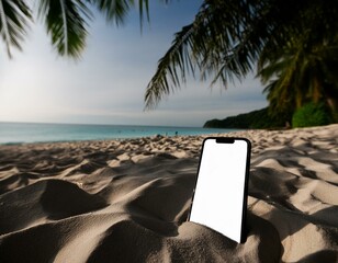 Mobile phone mockup with blank screen on the white sand on the tropical beach with blue wate 