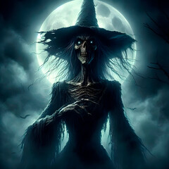 Fototapeta premium Witch with a malevolent expression in a dark and foggy environment, perfect for horror book covers.