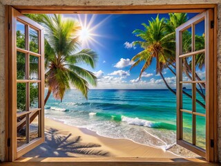Serene Window View of a Tropical Beach with Soft Waves and Clear Sky for Relaxation and Travel Inspiration