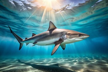 Fototapeta premium Silver Tip Shark Swimming Gracefully in Clear Ocean Waters, Showcasing Its Sleek Body and Sharp Features Underwater