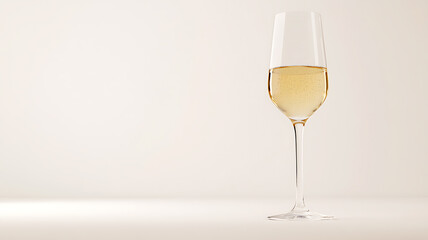 Fototapeta premium A sleek glass of sparkling white wine on a pure white background, bubbles visible inside the wine, simple yet refined close-up composition, perfect lighting.