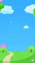 Obraz premium A whimsical illustration of a winding path through a green meadow with a blue sky and fluffy white clouds.