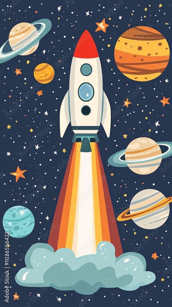 Poster a white rocket with red tip takes off from a cloud into space filled with stars and planets.
