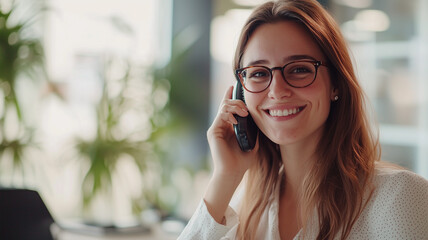 A professional female secretary in a bright, modern office, smiling while talking on the phone, wearing glasses and a white blouse, a desk with minimal clutter, soft natural light.