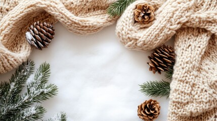 Fototapeta premium Beige Knit Scarf, Pine Branches and Pinecones on a White Background