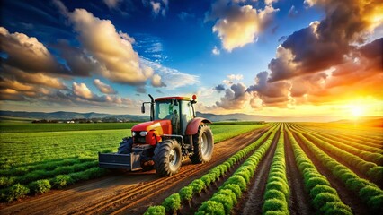 Candid Photography of an Orange Tractor in a Lush Agricultural Field