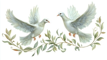 Fototapeta premium Two white doves in flight, with green leaves and branches, against a white background.