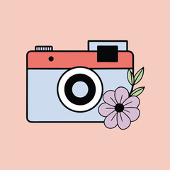 Vintage Camera with Flower Vector Illustration in Minimalist Style