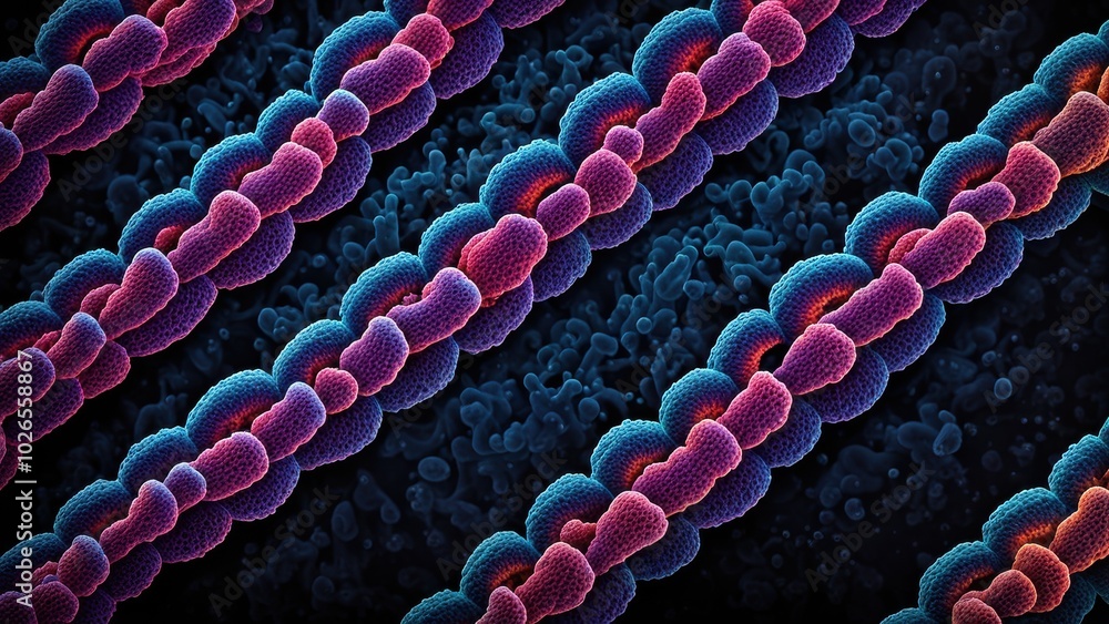 Poster a colorful microscopic view of bacteria in a structured arrangement.
