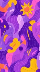 Abstract pattern with wavy lines, purple, pink, yellow, and orange colors, and a sun in the upper right corner.