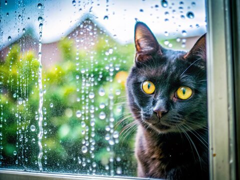 Captivating Black Cat Silhouette with Amber Eyes on Rainy Window - National Black Cat Appreciation Day