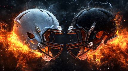 Two football helmets are facing each other, representing the intense, dramatic showdown to come