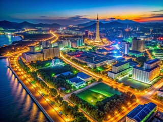 Fototapeta premium Stunning Aerial View of North Korea at Night: Illuminated Cities and Dark Landscapes from Space