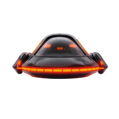 Futuristic black UFO with glowing lights on a white isolated background.