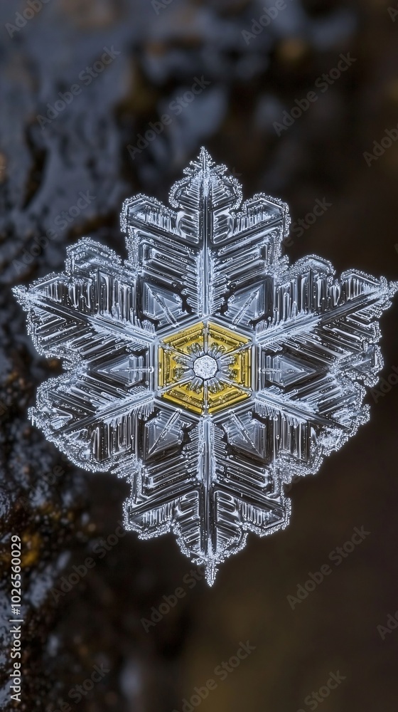Poster close-up of a delicate snowflake with intricate hexagonal patterns and a central yellow core.