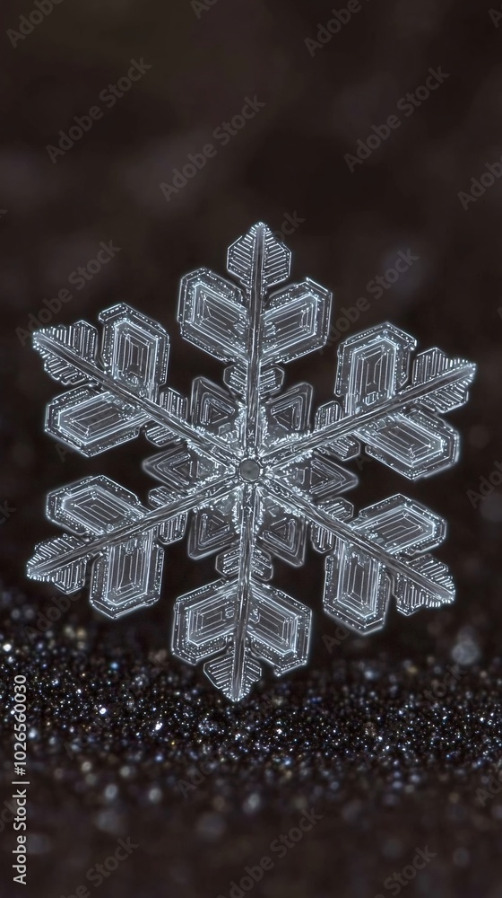Poster close-up of a delicate, six-pointed snowflake with intricate patterns against a dark background.
