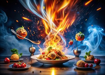 Fototapeta premium Captivating Food Photography with Swirling Light and Fireball Effects for Innovative Radiopharmaceuticals