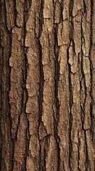 Close-up texture of brown tree bark with deep furrows and cracks.
