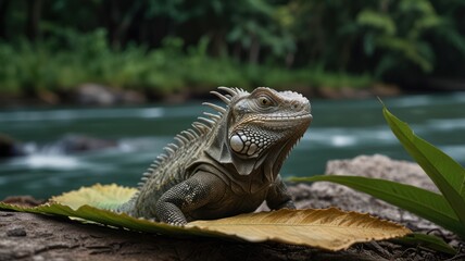 Obraz premium A large iguana lizard sits on a leaf near a rushing river.