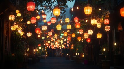 Illuminated Alleyway Adorned with Traditional Lanterns