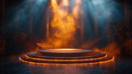 Dramatic Stage Setting with Golden Podium Ideal for Award Ceremonies and Presentations