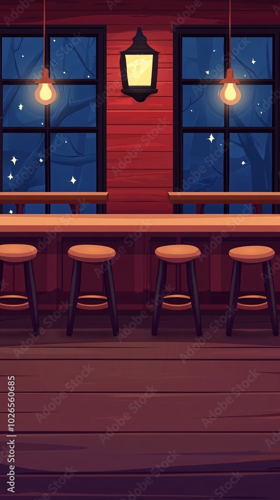 Aufkleber empty bar counter with stools at night.