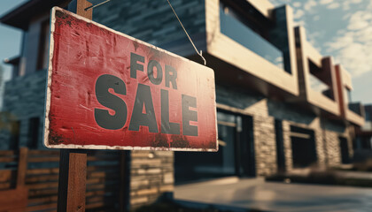 Red sign that says For Sale is posted in front of a large house. The house is surrounded by a dry, brown grass field