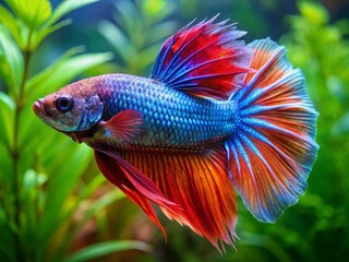 Fototapeta premium Stunning Betta Veiltail Fish in Vibrant Colors Swimming Gracefully in a Peaceful Aquarium Setting for Home Decor