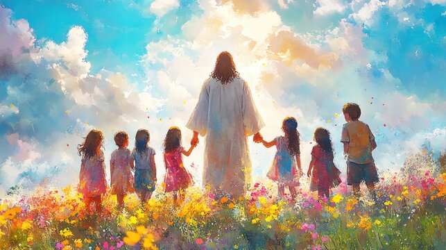 jesus christ holding hands with diverse group of people digital watercolor painting