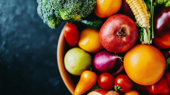 A clean and vibrant banner for promoting dietitian services, with a close-up of fresh fruits and vegetables in a bowl