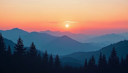 Obraz premium Majestic Sunrise Over Mountain Range With Pine Trees