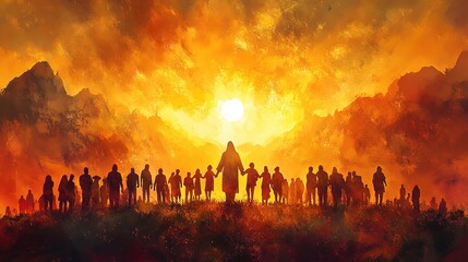 jesus christ holding hands with diverse group of people digital watercolor painting