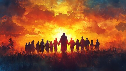 jesus christ holding hands with diverse group of people digital watercolor painting