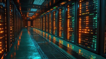 A Glowing Server Room Fully Operational for Data Processing and Network Management