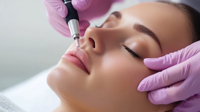 Precise Lip Enhancement: Close-up view of a young woman receiving a professional lip blush treatment. Focus on the precision and artistry of the cosmetic procedure.