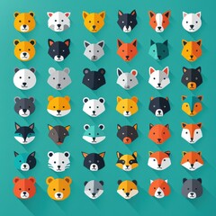 A colorful grid of stylized animal faces, showcasing various species in a playful design.
