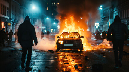 Silhouette of burning car in street with rioting people at night. Vandals ruin the auto car in the city. Damage to a bombed building, the consequences of vandalism.